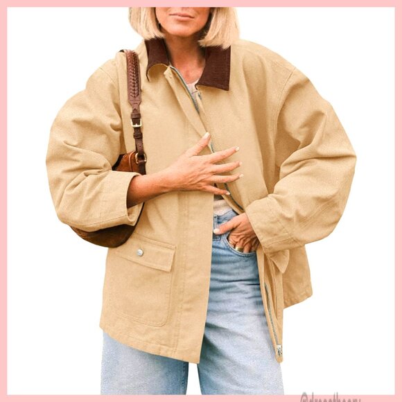 Oversized Barn Jacket Zip Up Military Safari Trench Coat with Pockets